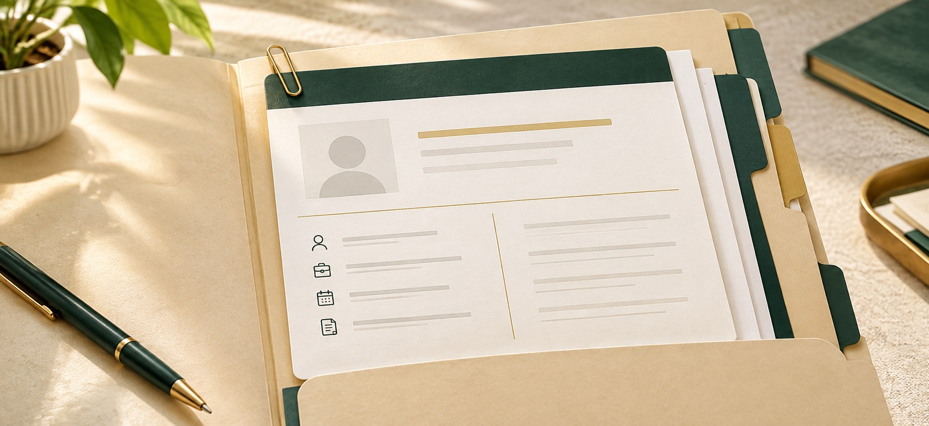 An open personnel case file with indexed tabs, held in a folder with a pen beside it